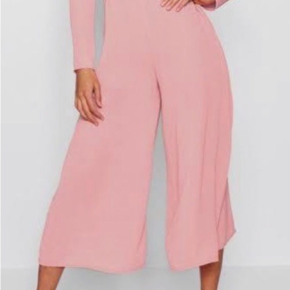 Boohoo Blush Pink Knot Front Woven Culotte Long Sleeve Wide Leg Jumpsuit - Picture 4 of 11